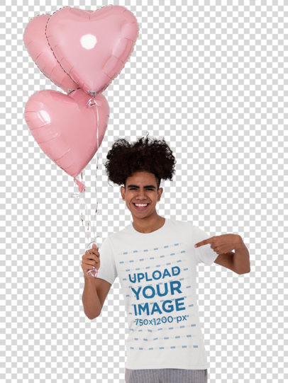 Transparent Mockup of a Man Pointing at His T-Shirt and Holding Heart-Shaped Balloons