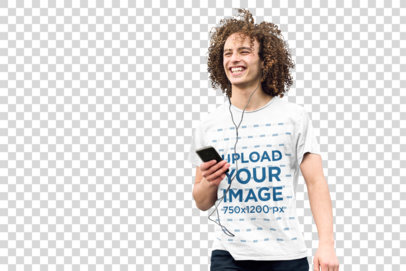 Transparent T-Shirt Mockup of a Happy Man with Long Curly Hair 
