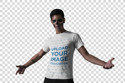 Transparent Mockup of a T-Shirt Featuring an Edgy Man with Halloween Makeup