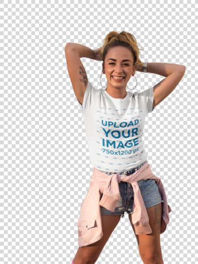 Transparent Mockup of a Trendy Hispanic Woman with Tattoos and Hoop Earrings Wearing a T-Shirt