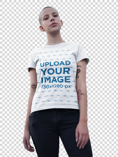 Transparent T-Shirt Mockup of an Alternative Woman with a Buzz Cut Haircut and Tattoos