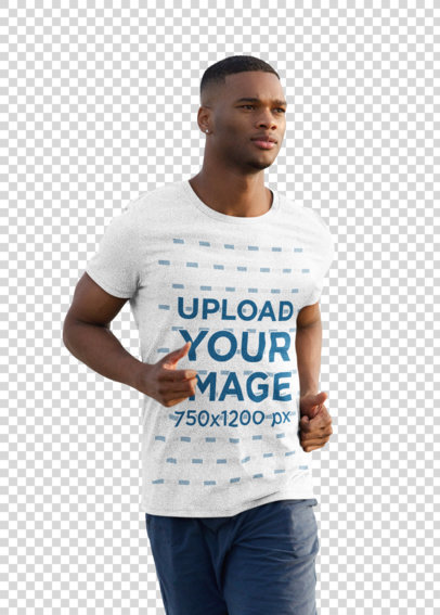 Transparent Heathered T-Shirt Mockup Featuring a Young Man Jogging