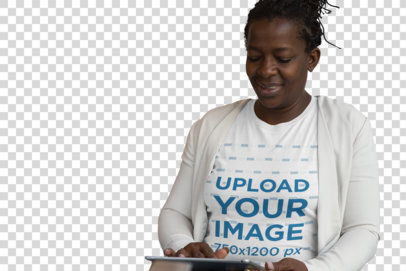Transparent Mockup Featuring a Middle-Aged Woman Wearing a T-Shirt While Using a Tablet 