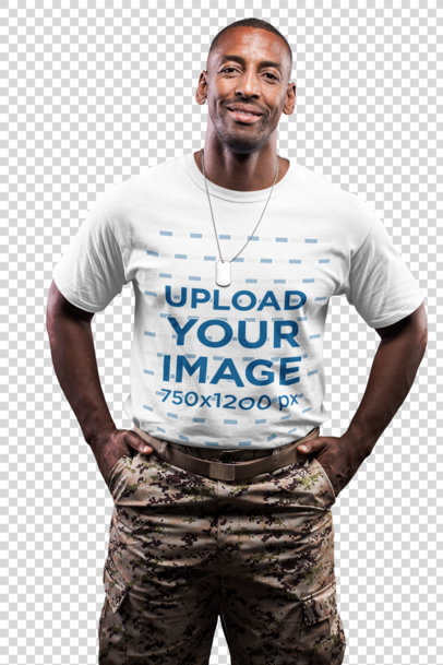Transparent Smiling Veteran Wearing a Round Neck T-Shirt Mockup Against an American Flag
