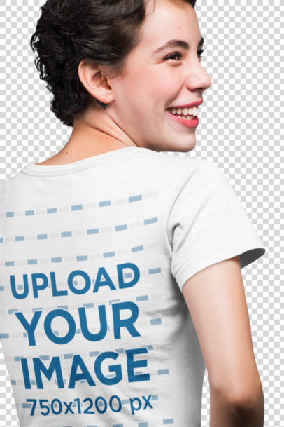 Transparent Back View T-Shirt  Mockup of a Woman with Short Hair Smiling