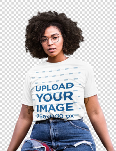 Transparent T-Shirt Mockup of a Serious Woman with Glasses