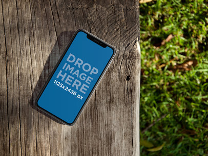 iPhone X Mockup Lying on a Wooden Bench Outdoors a17484