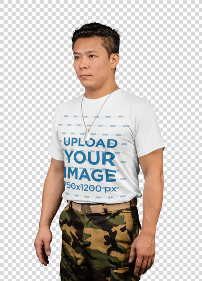 Transparent Mockup of a Veteran Soldier Wearing a Round Neck Tee