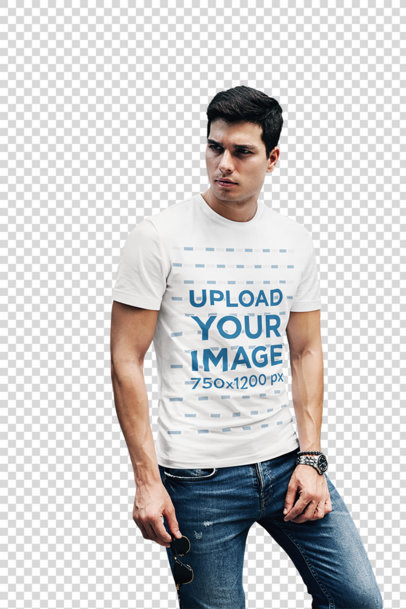 Transparent T-Shirt Mockup of a Fashionable Man Posing by a Pool