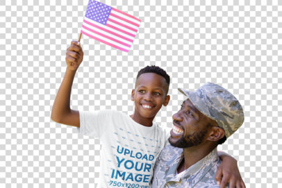 Transparent Patriotic T-Shirt Mockup Featuring a Boy with His Dad