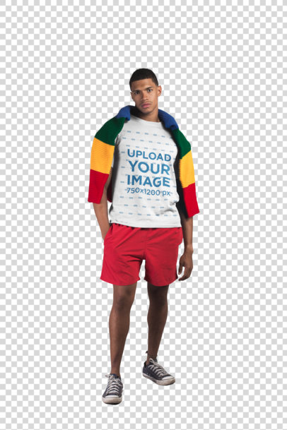 Transparent T-Shirt Mockup of a Man with Beach Clothing in a White Room