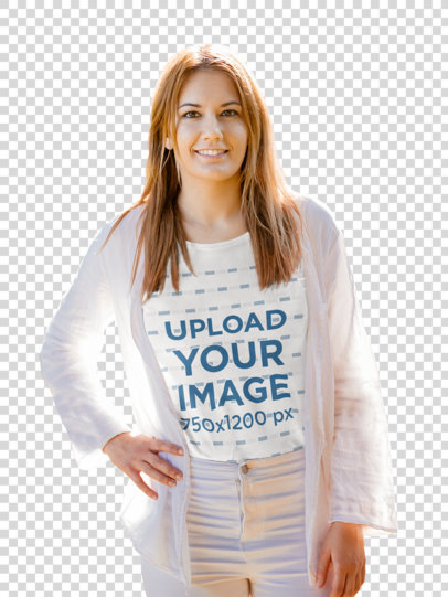 Transparent Mockup of a Woman with a Basic Tee Posing in a Park