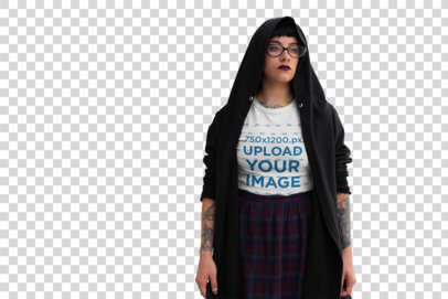 Transparent T-Shirt Mockup of a Goth Woman Wearing a Hoodie
