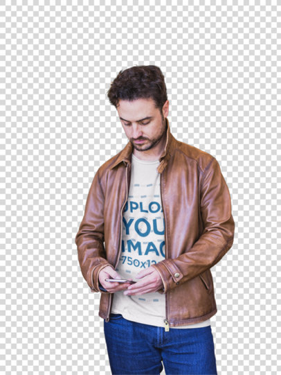 Transparent T-Shirt Mockup of a Man Sending a Text Message a20392