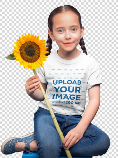 Transparent Little Girl with Braids Wearing a T-Shirt Mockup Holding a Sunflower