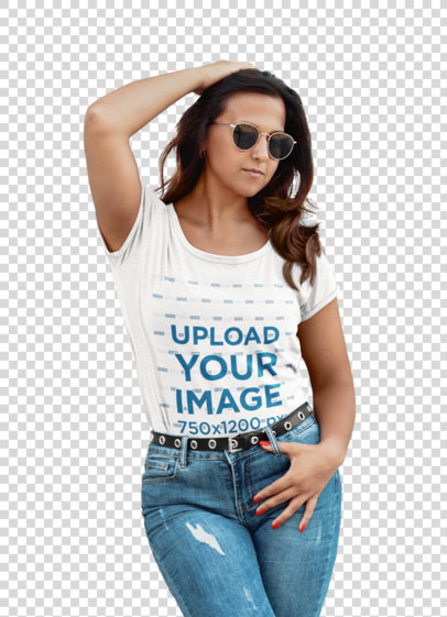 Transparent Heathered T-Shirt Mockup of a Serious Woman With Sunglasses 
