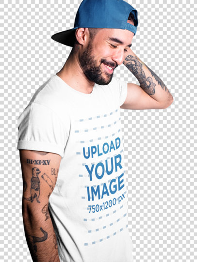 Transparent Happy Middle Aged Tattooed Guy Wearing a T-Shirt Mockup at a Studio