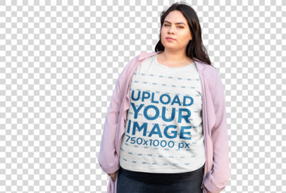Transparent Plus Size Tee Mockup of a Woman with a Pink Coat Posing by a Brick Wall