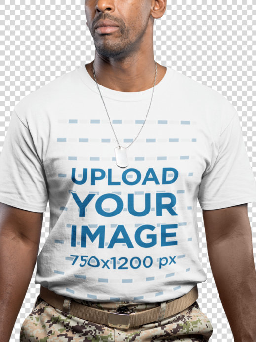 Transparent T-Shirt Mockup of a Veteran with a Military Dog Tag Chain Necklace