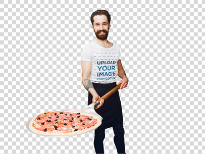 Transparent T-Shirt Mockup of a Bearded Man Baking a Pizza