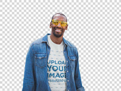 Transparent Smiling Worker Wearing a T-Shirt Mockup Outside the Factory