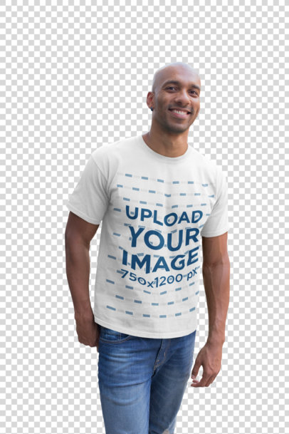Transparent T-Shirt Mockup Featuring a Bald Man Walking in the City