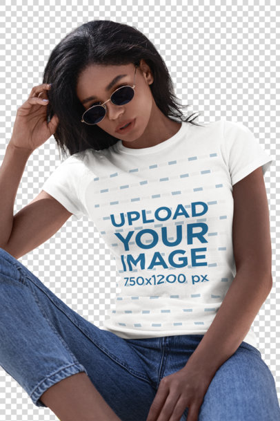 Transparent T-Shirt Mockup of a Young Woman Sitting on a Metallic Chair 