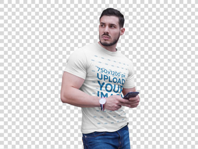 Transparent T-Shirt Mockup of a Handsome with a Phone on his Hand a17663