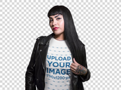 Transparent T-Shirt Mockup of a Tattooed Woman Wearing a Dark Jacket