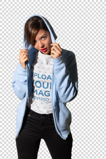 Transparent T-Shirt Mockup Featuring a Woman Wearing a Light Blue Zip-Up Hoodie