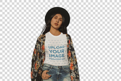 Transparent Mockup of a Woman Wearing a T-Shirt and a Black Hat
