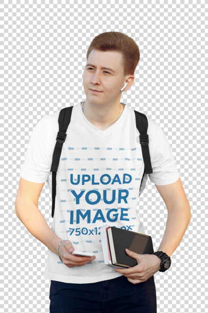 Transparent V-Neck Tee Mockup of a Young College Student Walking 