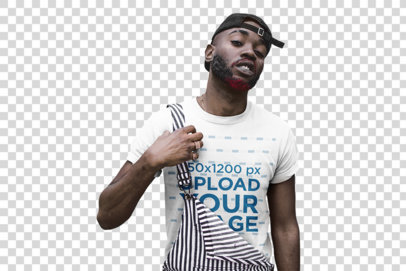 Transparent T-Shirt Mockup Featuring a Man with Overalls in a Urban Environment