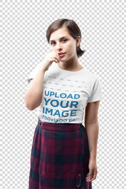 Transparent Short Haired Woman Wearing a T-Shirt Mockup Against a White Background