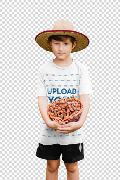 Transparent Mockup of a Kid with a T-Shirt Holding a Basket of Chestnuts