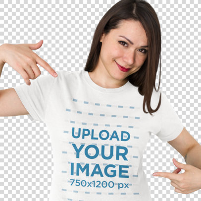Transparent Smiling Customer Showing her New T-Shirt Mockup Against a White Background