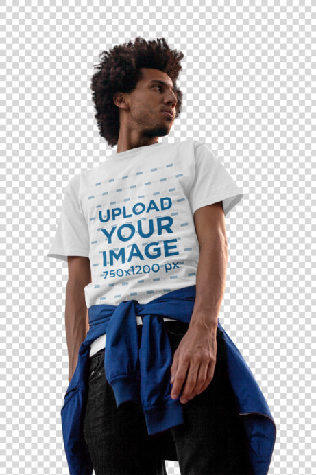 Transparent T-Shirt Mockup of a Man Standing by a City Building