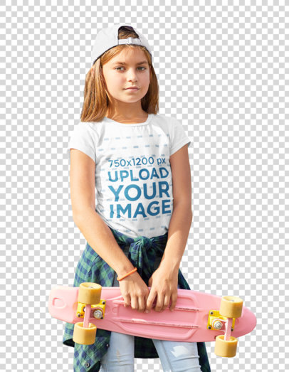 Transparent T-Shirt Mockup Featuring a Serious Girl at a Skatepark 