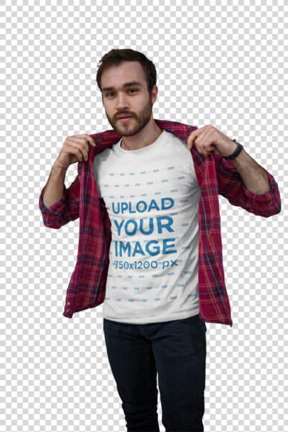 Transparent Mockup of a Bearded Man Wearing a T-Shirt Putting on a Plaid Shirt Over It 20054