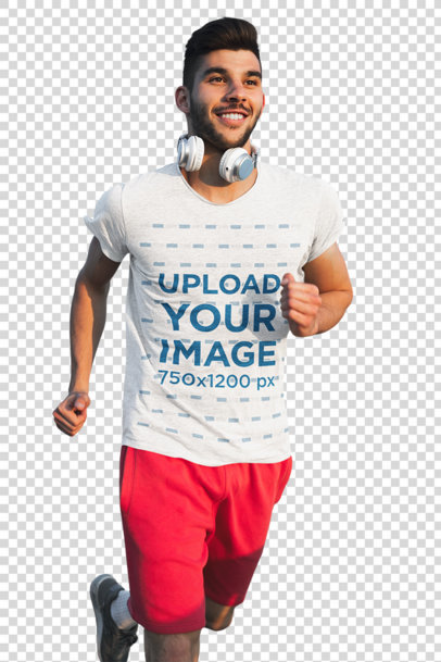 Transparent T-Shirt Mockup Featuring a Young Man Running Outdoors