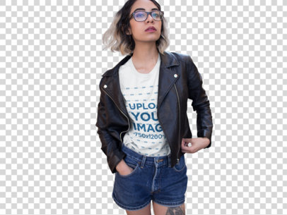 Transparent Serious Hispanic Woman Wearing a Round Neck Tshirt and a Leather Jacket While Hanging Out in an Industrial Area Mockup