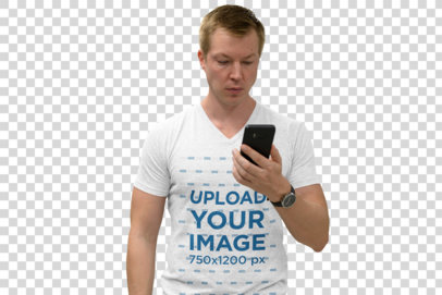 Transparent T-Shirt Mockup of a Man Looking at His Phone at the Subway Station