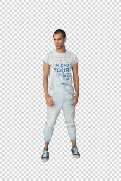 Transparent Round Neck Tee Mockup of a Serious Man Wearing a Denim Overall a19695