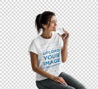 Transparent T-Shirt Mockup Featuring a Woman Drinking Water 