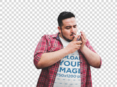 Transparent Plus Size Tee Mockup Featuring a Guy Lighting his Cigarette a12134