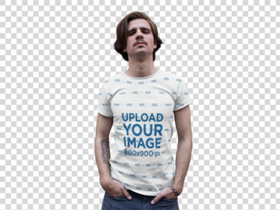Transparent Sublimated Round Neck Tee Mockup of a Man Looking with a Serious Face at the Camera