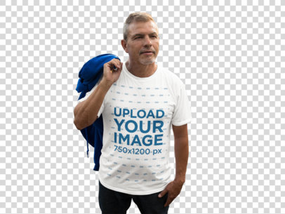 Transparent T-Shirt Mockup Featuring a Man Carrying a Hoodie