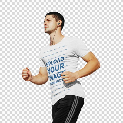 Transparent Activewear Mockup of a Man Wearing a Heathered T-Shirt While Jogging by a Lake 