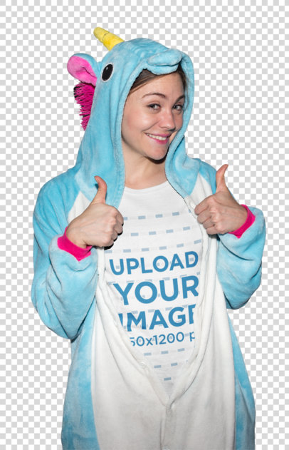 Transparent Geek Woman Wearing a T-Shirt Mockup with Unicorn Pajamas On
