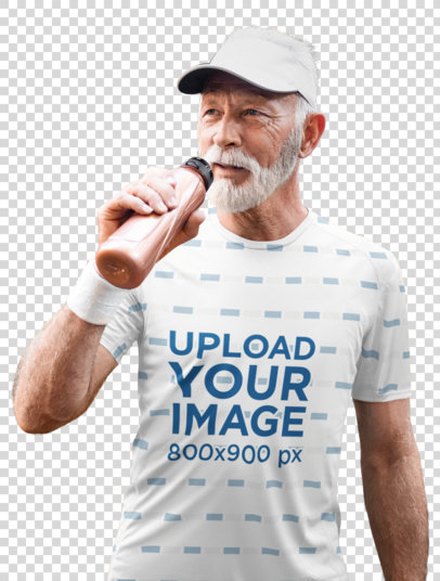 Transparent Sublimated Tee Mockup Featuring a Senior Man Drinking Water 